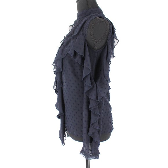 NICHOLAS Ruffle Trim Cold Shoulder Blouse 0 Sheer Navy Blue Swiss Dot Top XXS - Picture 5 of 9